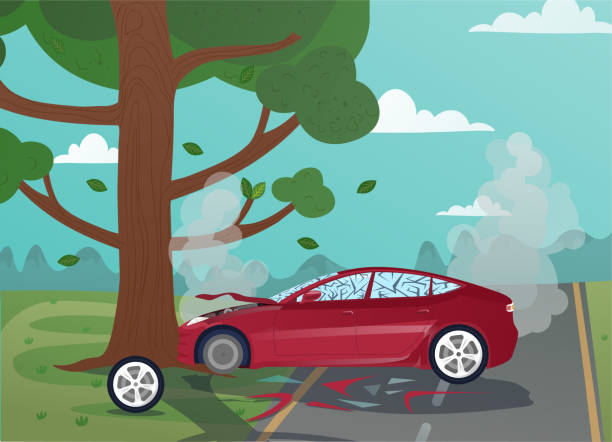 Car hit tree Car hit tree. Accident, driver lost control, traffic accident. Careless driving. Broken vehicle and big problems, difficulties, failures, danger on city street. Cartoon flat vector illustration broken car stock illustrations