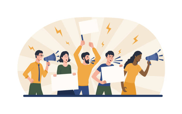 People supporting protests People supporting protests. Rally, activists express their opinion, political slogans, posters and banners. Disgruntled crowd demands action from authorities. Cartoon flat vector illustration climate protest stock illustrations