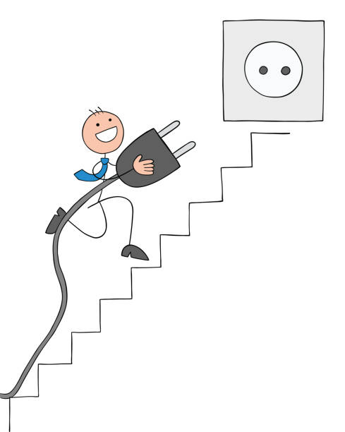 stickman biznesmen niesie wtyczkę do gniazda na szczycie schodów, ręcznie rysowana kreskówkowa ilustracja wektorowa - network connection plug outlet cable computer network stock illustrations