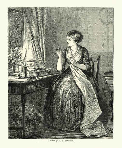 винтажная иллюстрация молодая женщина, шьющая при свечах, викторианская, 1870-е годы, 19 век. фотографии жизни - нитка галантерея stock illustrations