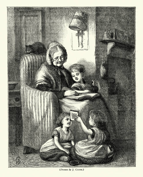 ilustrações de stock, clip art, desenhos animados e ícones de grandmother reading stories to her grandchildren, playing, victorian, 1870s, 19th century - century 19th family women