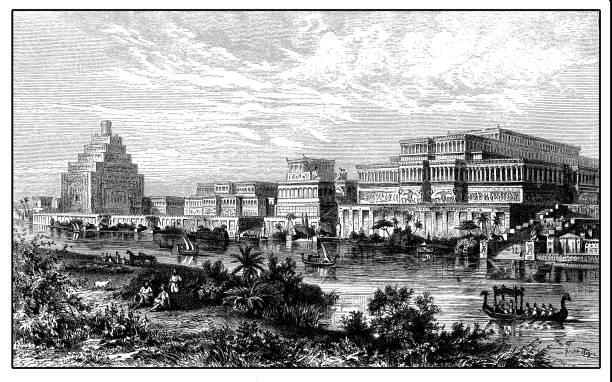 ilustraciones, imágenes clip art, dibujos animados e iconos de stock de reconstrucción del palacio real asirio en niniveh en la frontera del río tigris, imperio asirio - empire