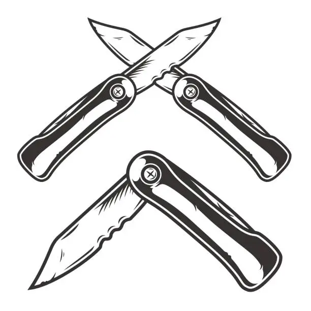 Vector illustration of Camping knife with wooden handle pocket jackknife