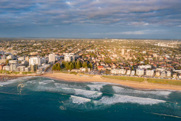 Aerial drone view of Cronulla and Cronulla Beach in the Sutherland Shire, South Sydney stock photo