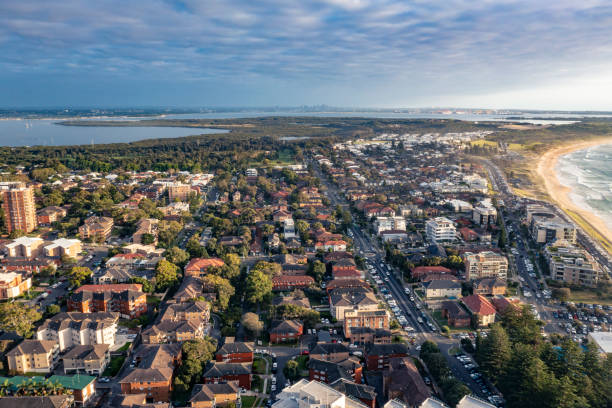 Panoramic aerial drone view of Cronulla in the Sutherland Shire, South Sydney stock photo