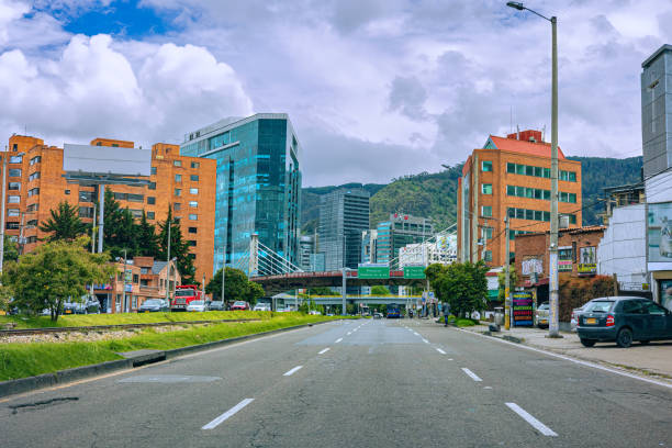 Bogotá, Colombia - The Drivers Point Of View On The Northbound Carriageway Of Carrera Novena In The Bario De Usaquén On An Overcast Day. stock photo