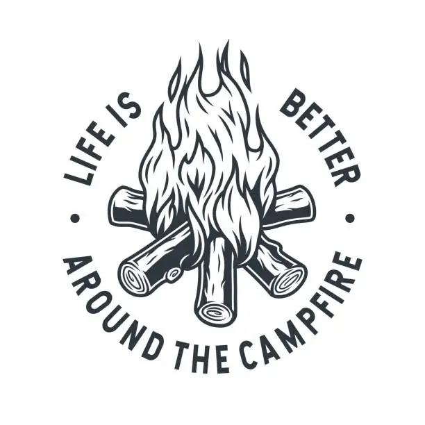 Vector illustration of Monochrome emblem of burning campfire with flame