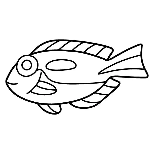 Vector illustration of Hand-drawn blue tang fish coloring page for kids vector