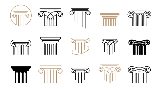 Pillar vector icons collection. Law, finance, attorney and business logo design. Luxury, elegant modern concept design. Vector illustration