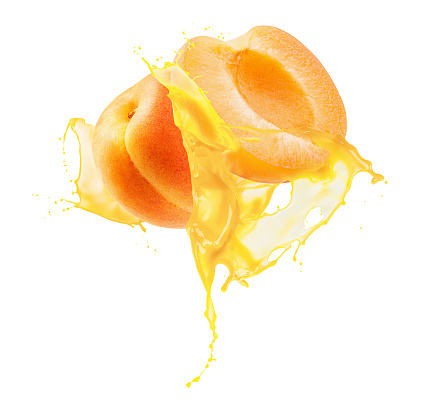 apricots in juice splash isolated on a white background.