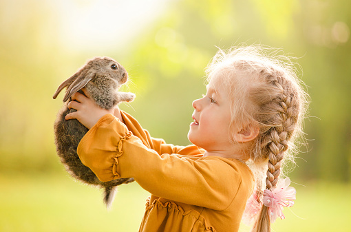 girl holding a little rabbit in her arms