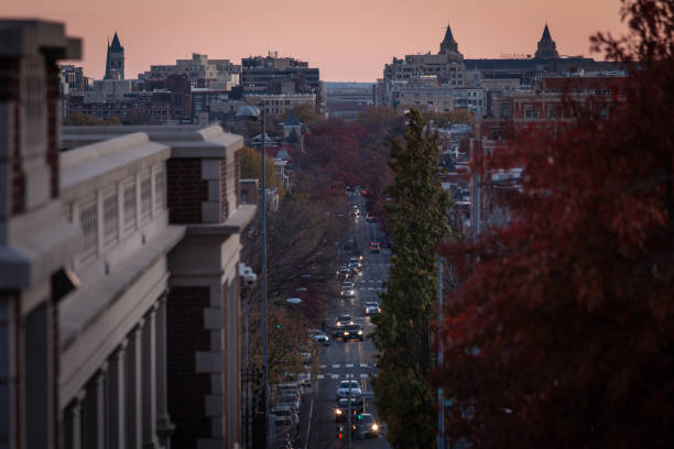 Long exposure of bus passing in front of the Capitol building in Washington DC at dusk