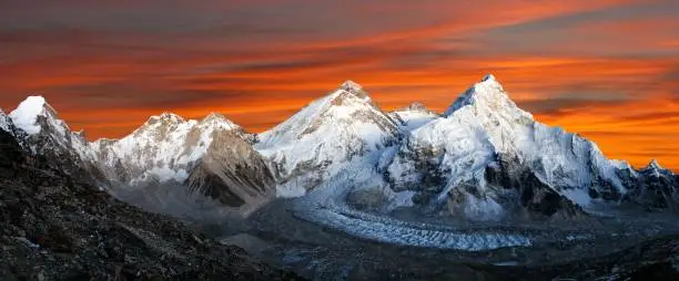 Panoramic view of Mount Everest, Lhotse and Nuptse from Pumori base camp - way to Mount Everest base camp, Khumbu valley, Sagarmatha national park, Nepal Himalayas mountains evening or nig view