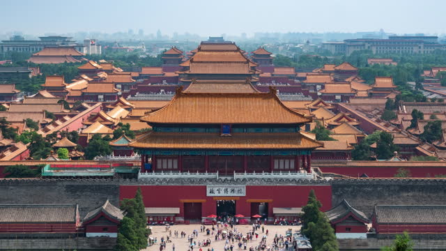 Zoom In Timelapse View of Beijing Cityscape Including Historical Landmark Forbidden City Palace Complex in Beijing, China