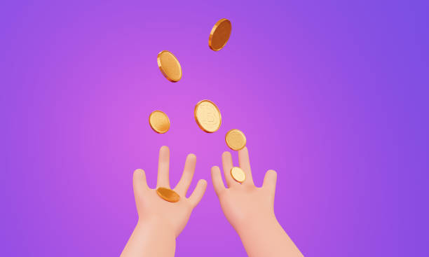 istock Cartoon hands and falling bitcoin coins, 3d render. Bitcoin Mining Concept. 1367253641