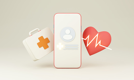 phone screen with patient id, heart disease and heart rate treatments and pills, plaster, first aid box and vaccine bottles and syringes. white and red color in concept online health check 3d render