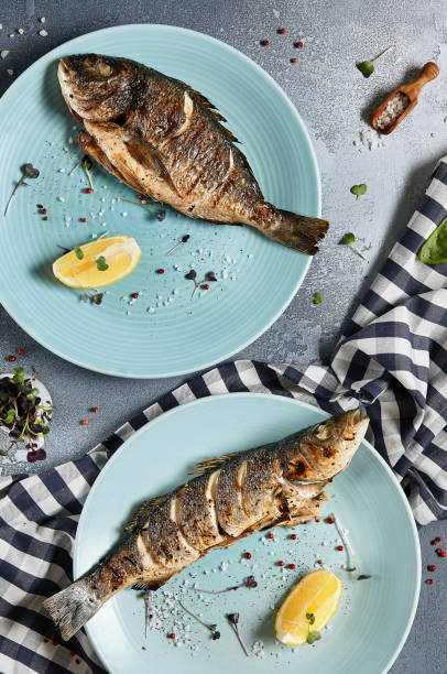 메인 코스의 구성. 직물과 돌 배경에 파란색 접시에 구운 도라다와 농어. 레스토랑 메뉴 컨셉으로 생선을 구이합니다. 현대 해산물 세트. 지중해 음식. - trout prepared fish whole grilled 뉴스 사진 이미지