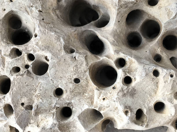 Patterns and holes on the stone close up texture background