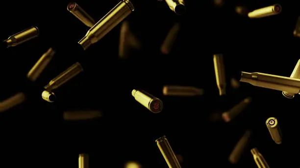 Shot off casings from a cartridge of 7.62 caliber on a black background. 3D rendering
