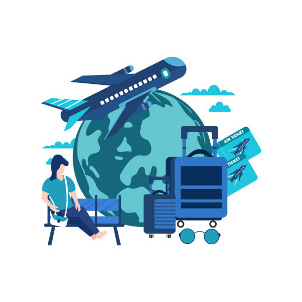 ilustrações de stock, clip art, desenhos animados e ícones de tourists with suitcases travel on world - business class