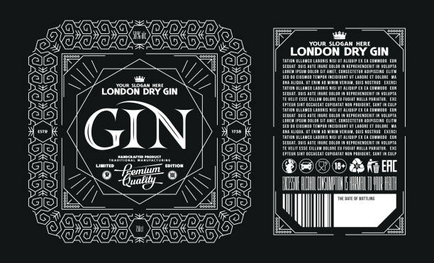 Template decorative label for dry gin Template decorative label for dry gin and other alcohol drink. Geometric ornament in thin line style. Vector illustration. White print on black background gin label stock illustrations