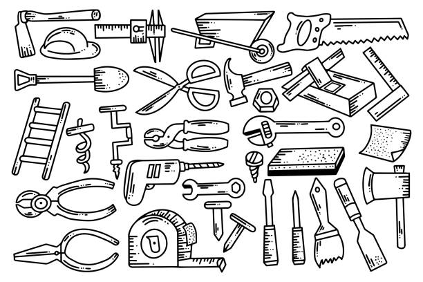 ilustraciones, imágenes clip art, dibujos animados e iconos de stock de colección de herramientas de carpintería dibujadas a mano - wrench ruler screwdriver hammer