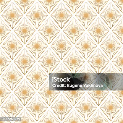 istock Abstract geometric seamless pattern. Gold diamond ornament on white background. Shining sun vintage backdrop. For textile and paper design 1367269479