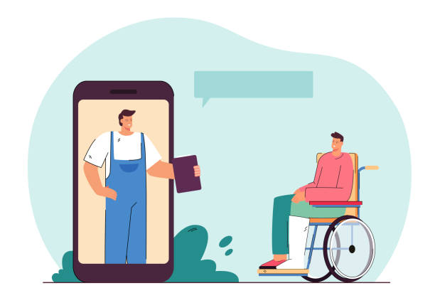 mężczyzna ze złamaną nogą na wózku inwalidzkim rozmawia z pracodawcą przez telefon - men chair wheelchair sport stock illustrations