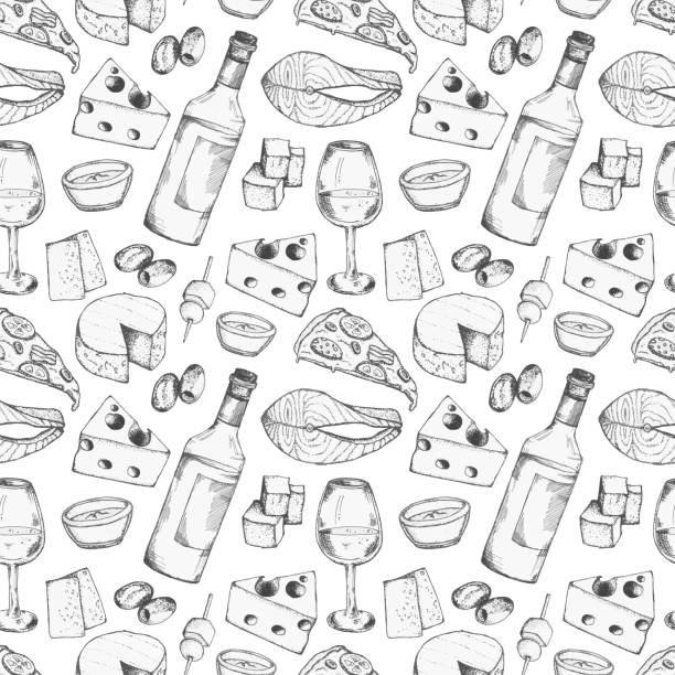 wine and food seamless vector pattern. restaurant and cafe menu design. - fransız mutfağı stock illustrations