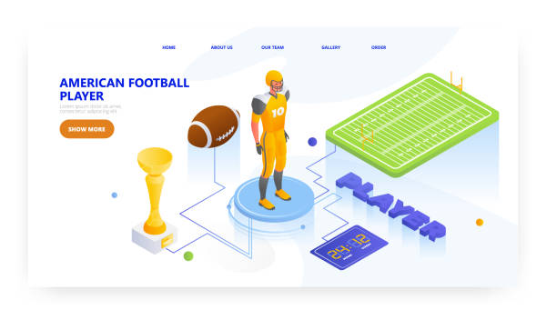 illustrations, cliparts, dessins animés et icônes de joueur de football américain, conception de page de destination, modèle vectoriel de bannière de site web. athlète en uniforme sportif. - football helmet playing field american football sport