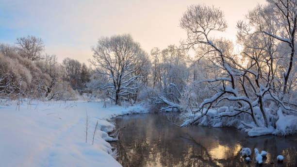 winterlandschaft mit ruhigem waldfluss und schneebedeckten bäumen - winter stream river snowing stock-fotos und bilder