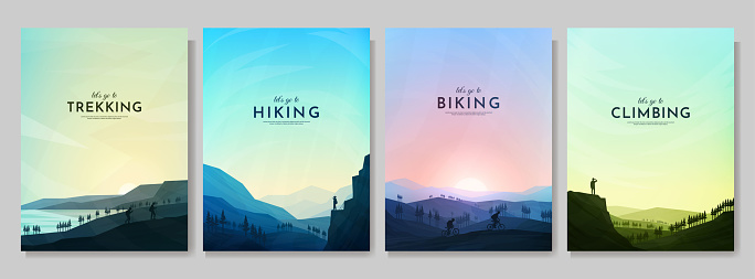 Vector illustration. Travel concept of discovering, exploring and observing nature. Hiking. Adventure tourism. Flat design background for poster, magazine, book cover, banner, invitation, brochure.
