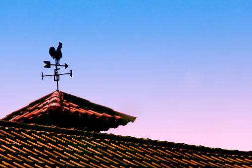 Weather vane in rooster shape on rooftop, arrow symbol, sunset background. Copy space available. Galicia, Spain.