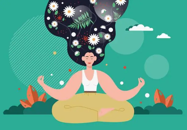 Vector illustration of Woman meditating in nature, vector illustration. Girl sitting in yoga position. Mindfulness, relaxation, zen, harmony.