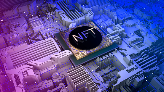 NFT 3d image. Blockchain Non Fungible Token idea. Computer chip NFT on digital background. Cryptocurrency, cryptoeconomics, blockchain technology concept . High quality 3d illustration