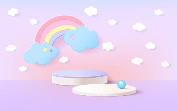 istock The sky with rainbow and cloud, paper art style, Minimal background mock up with podium for product display. 3d rendering. 1367286285