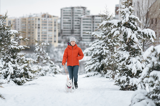 A young woman is walking and having fun with her dog in public park in city in winter on snow.