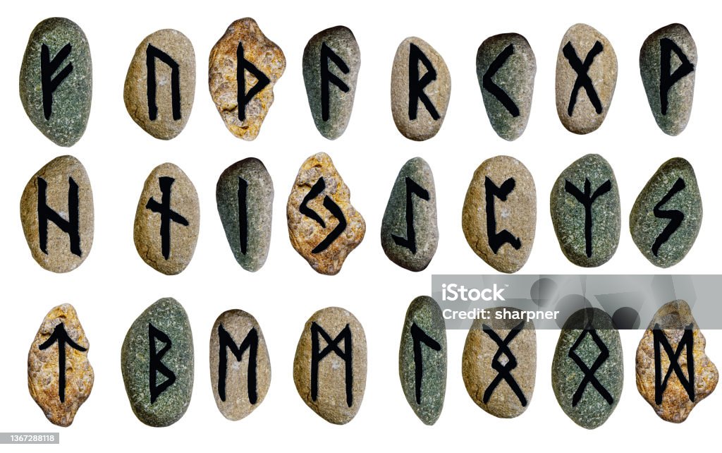 set scandinavian viking alphabet runes on stones isolated on white background set of scandinavian viking alphabet runes on stones isolated on white background Runes Stock Photo
