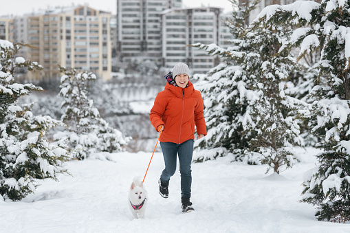 A young woman is running and having fun with her dog in public park in city in winter on snow.
