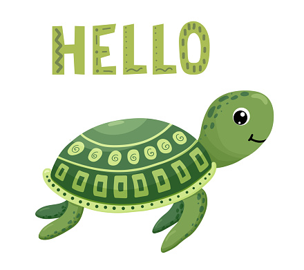 Tortoise Hello Cartoon Green Turtle With Sign Hello Isolated On White Background ...