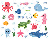Cartoon sea animals. Cute ocean fish, octopus, shark and turtle, jellyfish, crab and seal, fishes Underwater wildlife creatures vector illustration set