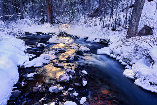 Flowing Mountain Creek Through Red Canyon - Scenic nature landscape in beautiful wilderness area.