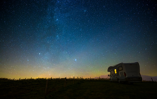 Caravan at night under the starry sky, milky way, concept for camping, galaxy, universe