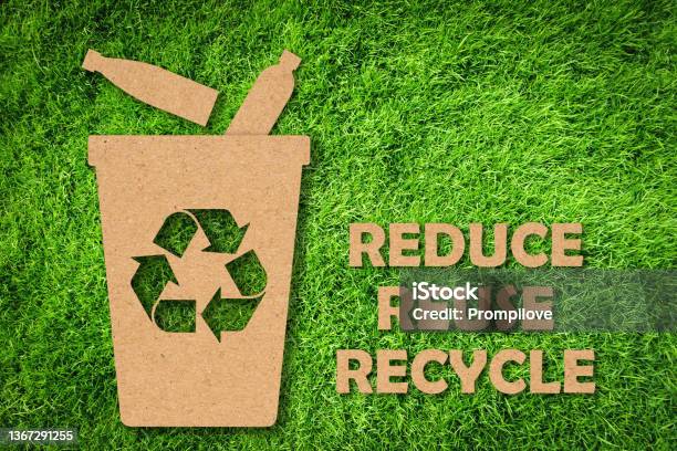 Kraft Paper Cut Of Reuse Reduce Recycle Symbol And Text On Green Grass Background Environmental Conservation Concept Stock Photo - Download Image Now