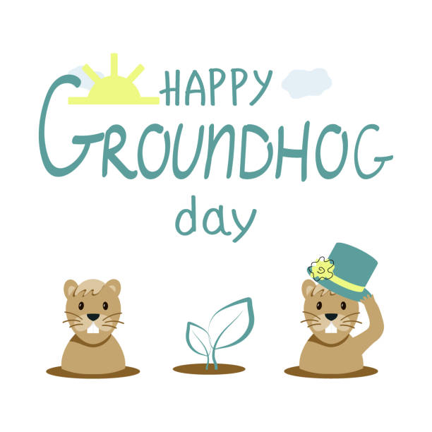 hand-drawn happy groundhog day inscription. cute cartoon groundhogs, sun and clouds isolated on white background. groundhog mink. template for calligraphic card, flyer, t-shirt, sticker, etc. - groundhog day tatil stock illustrations