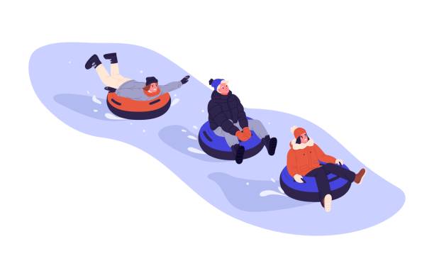 ilustrações de stock, clip art, desenhos animados e ícones de happy friends on snow tubings sliding down slope together. young people having fun on winter holidays outdoors. wintertime leisure activity. flat vector illustration isolated on white background - winter men joy leisure activity