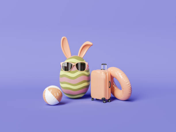 easter egg mit reiseausrüstung - hase sonnenbrille stock-fotos und bilder