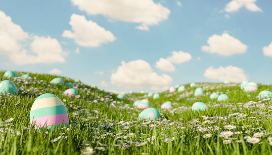 spring meadow full of flowers and Easter eggs. 3d rendering