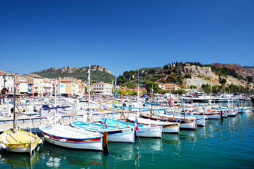 View Of colorful traditional boats and houses in the port of Cassis, France