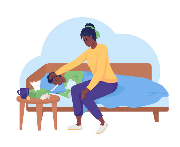 Child laying with disease 2D vector isolated illustration Child laying with disease 2D vector isolated illustration. Mother taking care of sick kid flat characters on cartoon background. Everyday situation and common tasks colourful scene cold and flu family stock illustrations